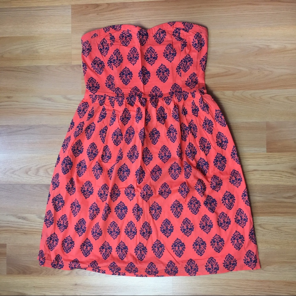 Old Navy Bright Orange and Navy Blue Printed Strapless Dress Size 12 - Picture 1 of 9